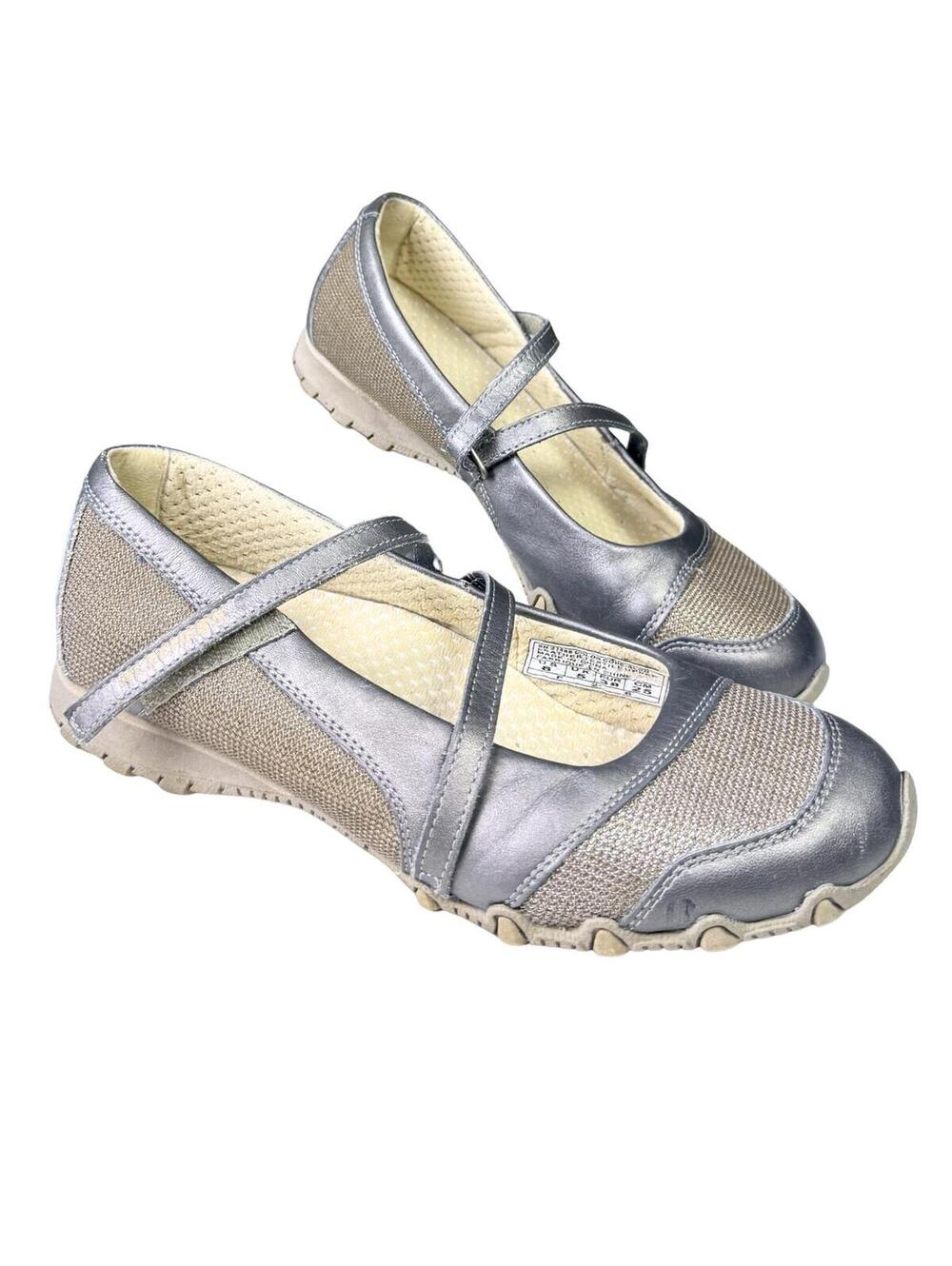 Skechers Bikers Mary Jane Flats Gray Metallic Mesh Comfort Shoes Size 8
